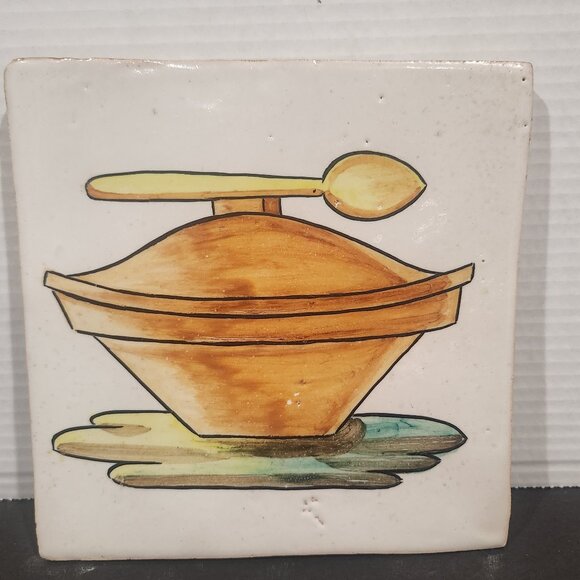 Vintage Kitchen Clay Tile Hand Painted with a Lidded Pot & Spoon Grazed 8.25" - Picture 2 of 8